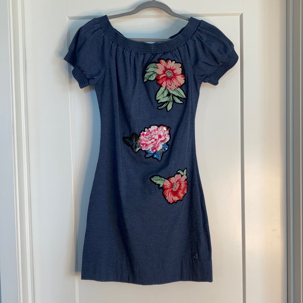 Carmen Steffens Blue Mini Dress with Embroidered Flowers Size S.